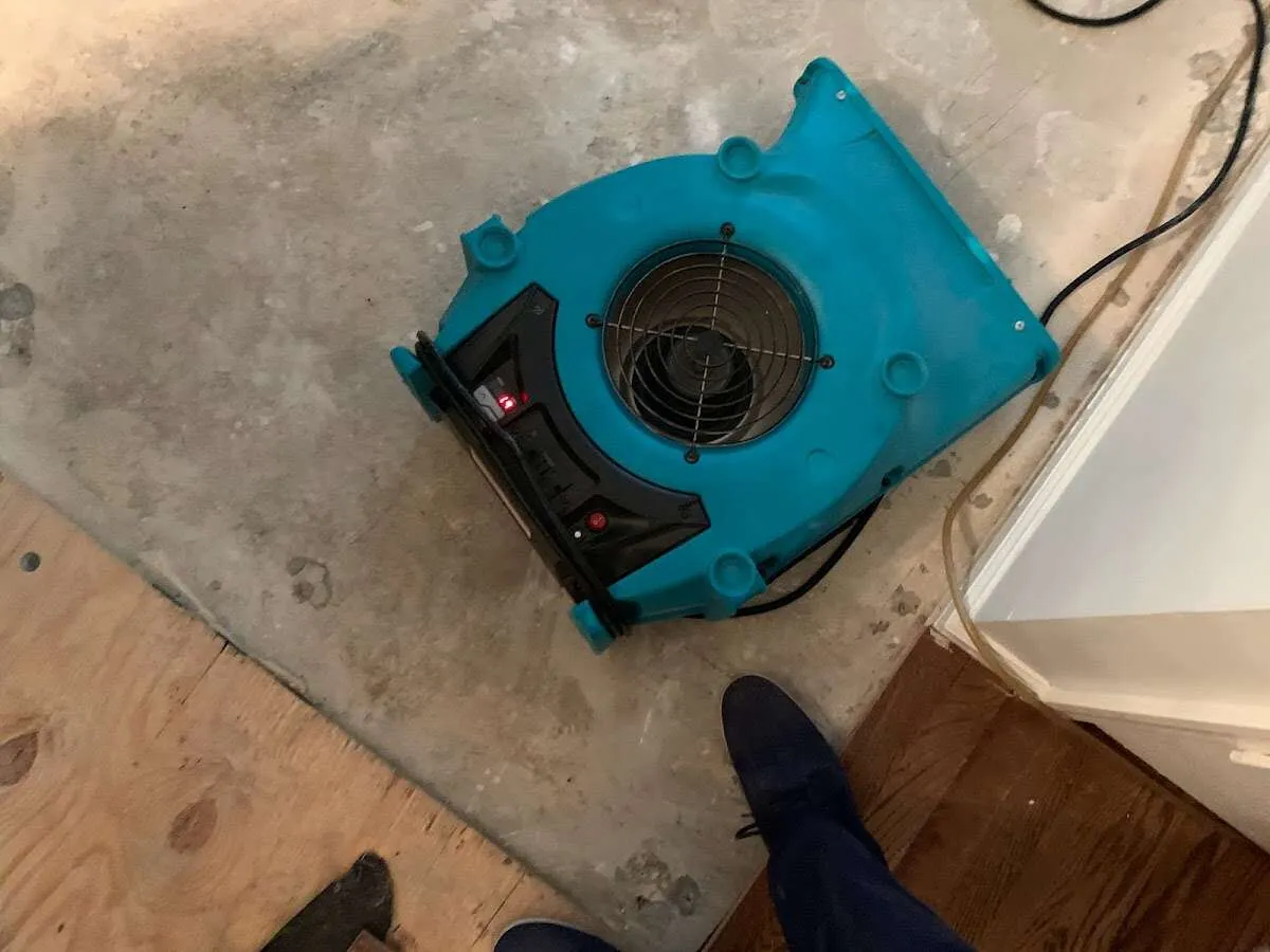 Air mover drying subfloor during Leak Detection & Repair in Tigard